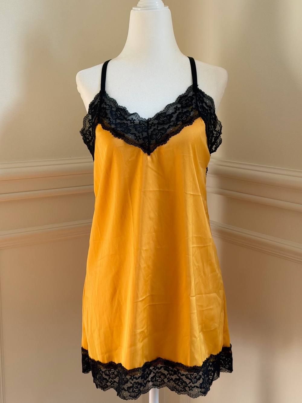 Silky Yellow Lace-Trim Slip Dress — Unbranded